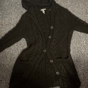 Forever 21 Chocolate Brown Cable Knit Hooded Button Front Cardigan